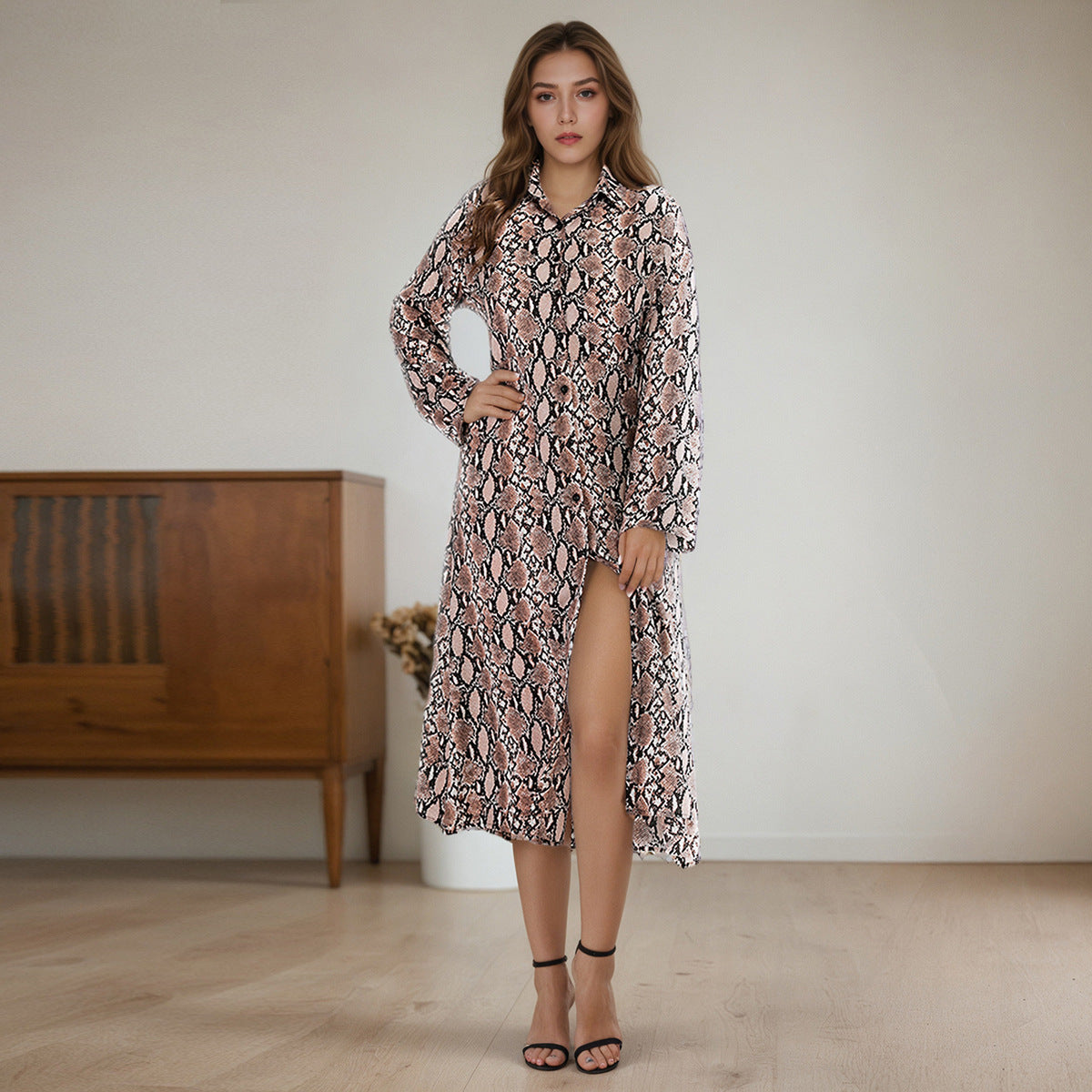 Damen Etuikleid mit Schlangenmotiv und langem Ärmel Fudus