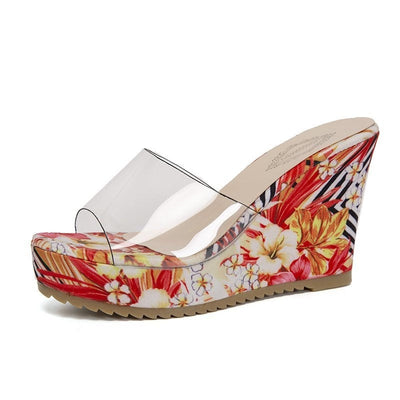 Damen Wedge-Pantoletten mit floralem Muster und transparentem Riemen Fudus