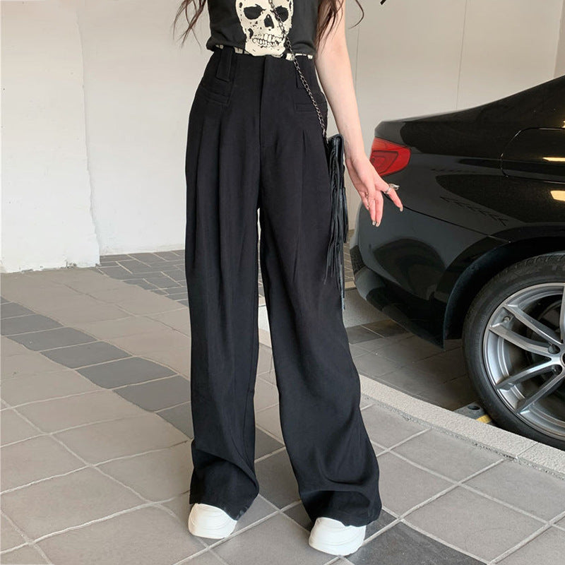 Damen weite Anzughose mit eleganten Falten und hohen Bund Fudus