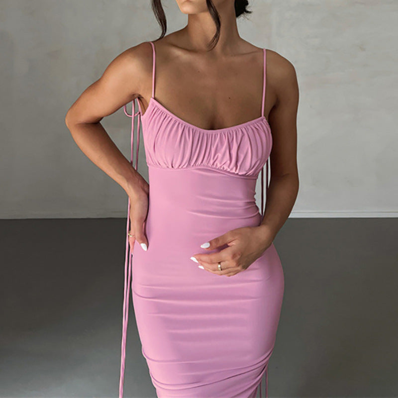 Damen figurbetontes langes Kleid mit verstellbaren Trägern und Raffung Fudus