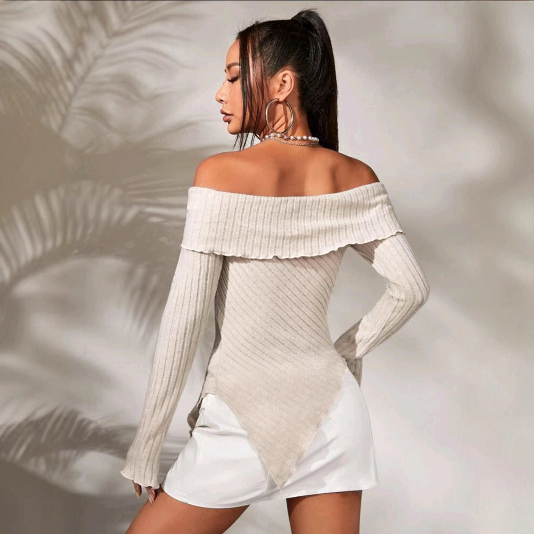 Damen Off-Shoulder Strickoberteil mit Rippstruktur und dekorativem Bund Fudus