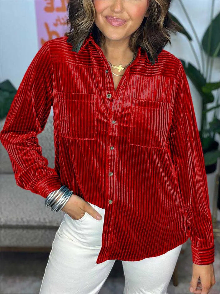 Damen Velours Hemd mit feinen Streifen und praktischen Taschen Fudus