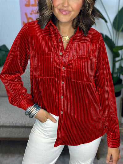 Damen Velours Hemd mit feinen Streifen und praktischen Taschen Fudus