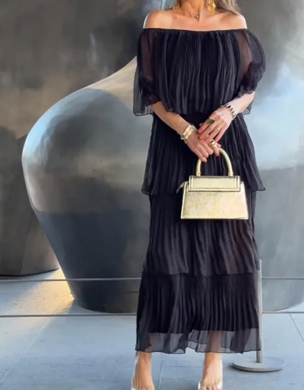 Damen Off-Shoulder Maxikleid mit plissierten Details Fudus