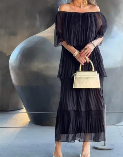 Damen Off-Shoulder Maxikleid mit plissierten Details Fudus