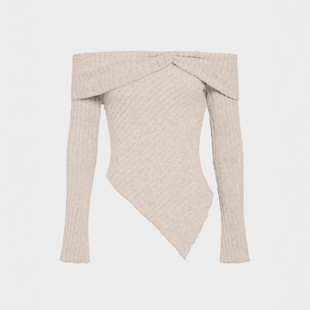 Damen Off-Shoulder Strickoberteil mit Rippstruktur und dekorativem Bund Fudus