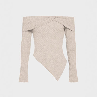 Damen Off-Shoulder Strickoberteil mit Rippstruktur und dekorativem Bund Fudus