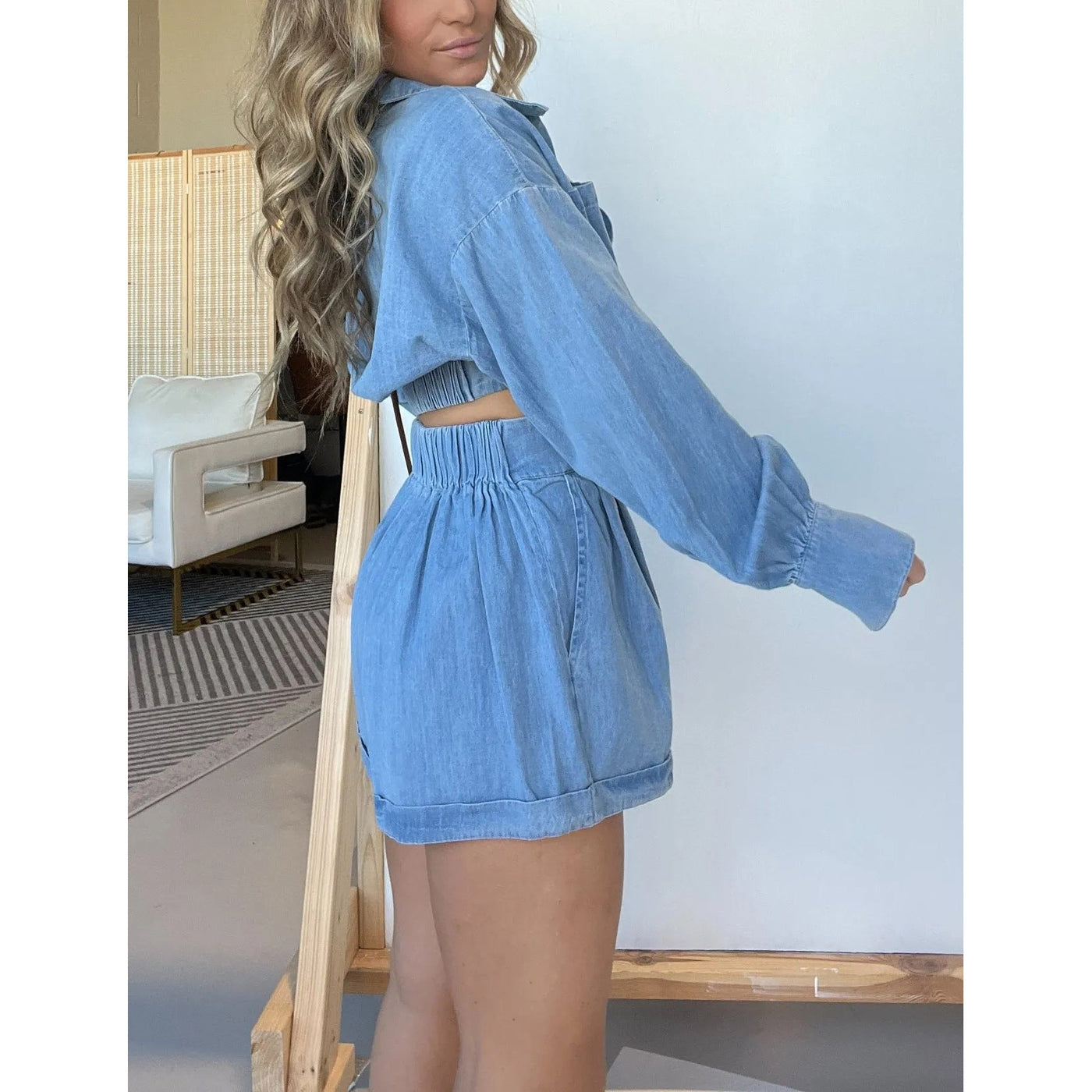 Damen lässiges Denim-Set mit cropped Bluse und lockerer Shorts Fudus