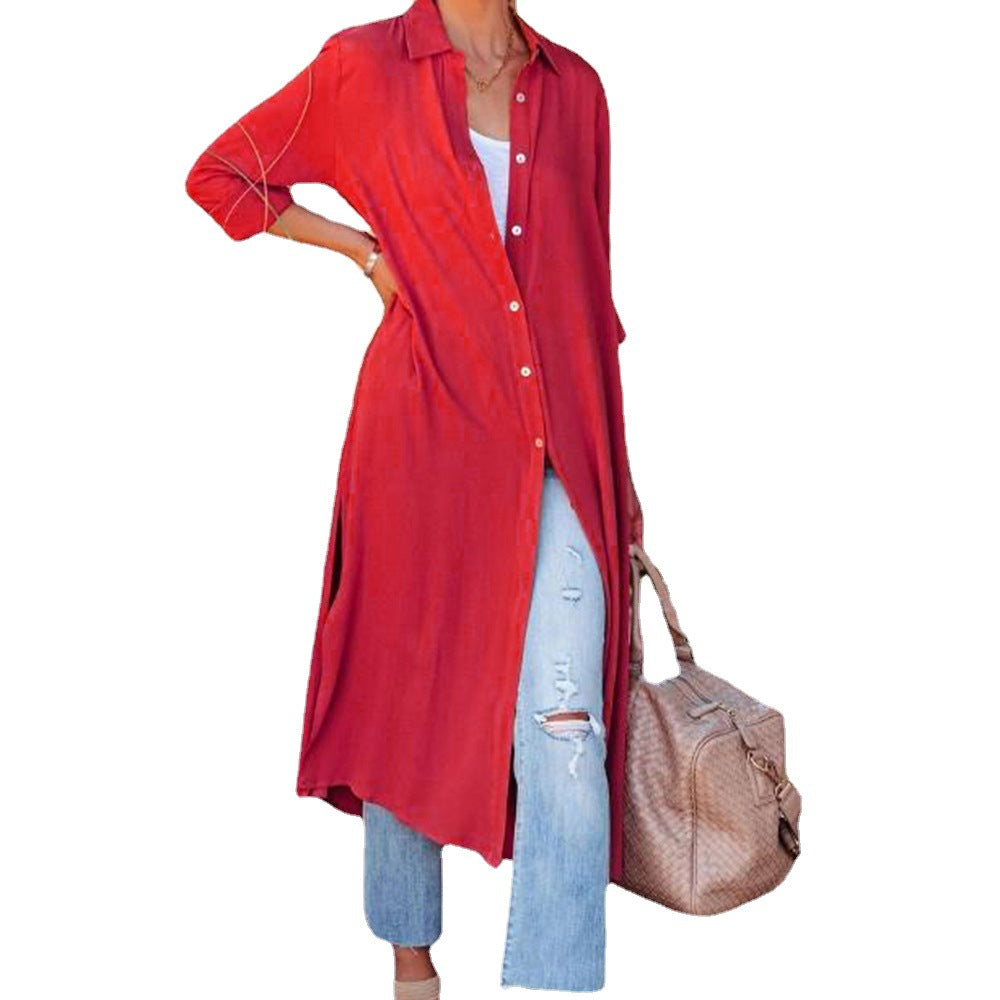 Damen Hemdblusenkleid mit langen Ärmeln und seitlichen Schlitzen Fudus