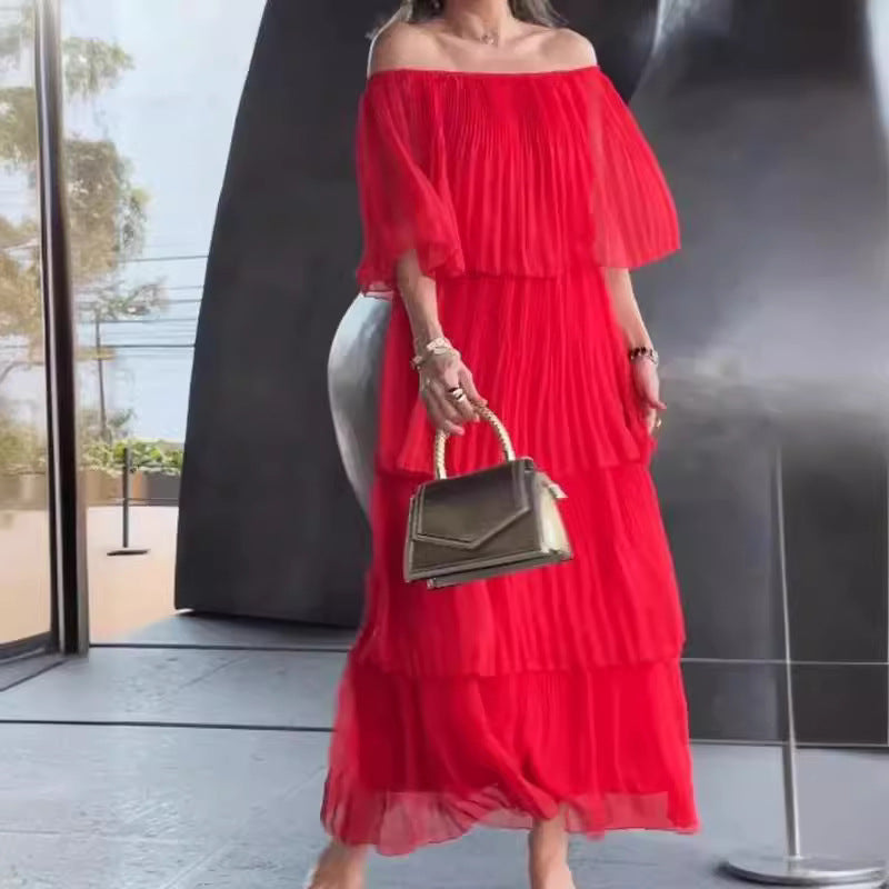 Damen Off-Shoulder Maxikleid mit plissierten Details Fudus