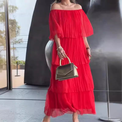 Damen Off-Shoulder Maxikleid mit plissierten Details Fudus