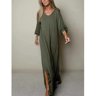 Damen Maxikleid mit V-Ausschnitt und weiten Ärmeln Fudus