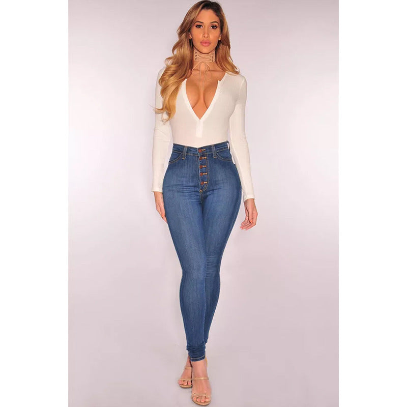 Damen Hochtaillierte Skinny Jeans mit knöpfbarem Verschluss und figurformendem Schnitt Fudus
