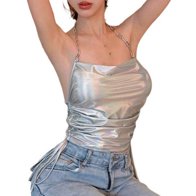 Damen schimmerndes Oberteil mit raffiniertem Rüschendesign und Ketten-Trägern Fudus