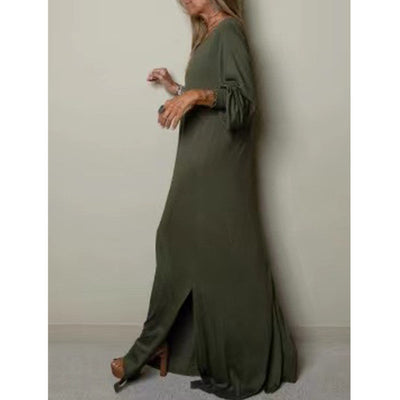 Damen Maxikleid mit V-Ausschnitt und weiten Ärmeln Fudus