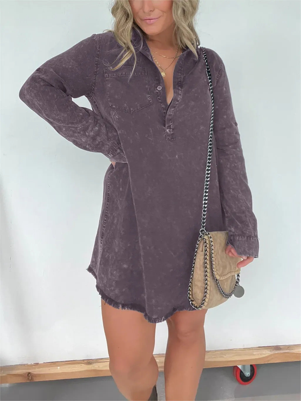 Damen Denim-Langarmkleid mit strukturiertem Samt-Design und knöpfbarer Leiste Fudus