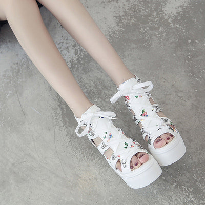 Damen Plateau-Sandalen mit floralen Akzenten und modischem Schnürdesign Fudus