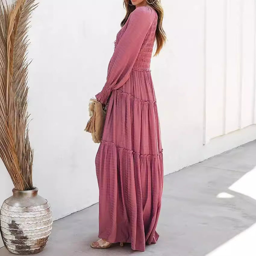 Damen Maxikleid mit schickem V-Ausschnitt und langen Ärmeln Fudus