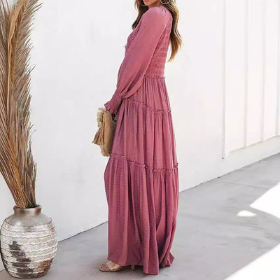 Damen Maxikleid mit schickem V-Ausschnitt und langen Ärmeln Fudus