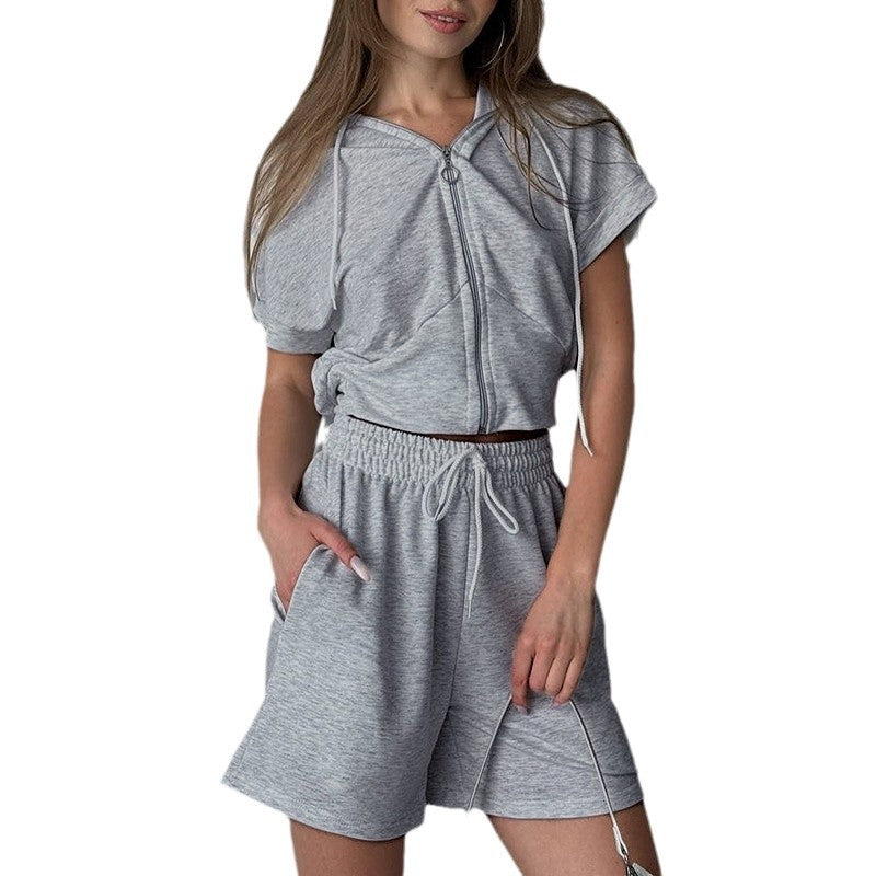 Damen sportliches Kurzarm-Set mit Kapuze und elastischem Bund Fudus