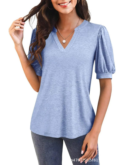 Damen T-Shirt mit V-Ausschnitt und Puffärmeln Fudus