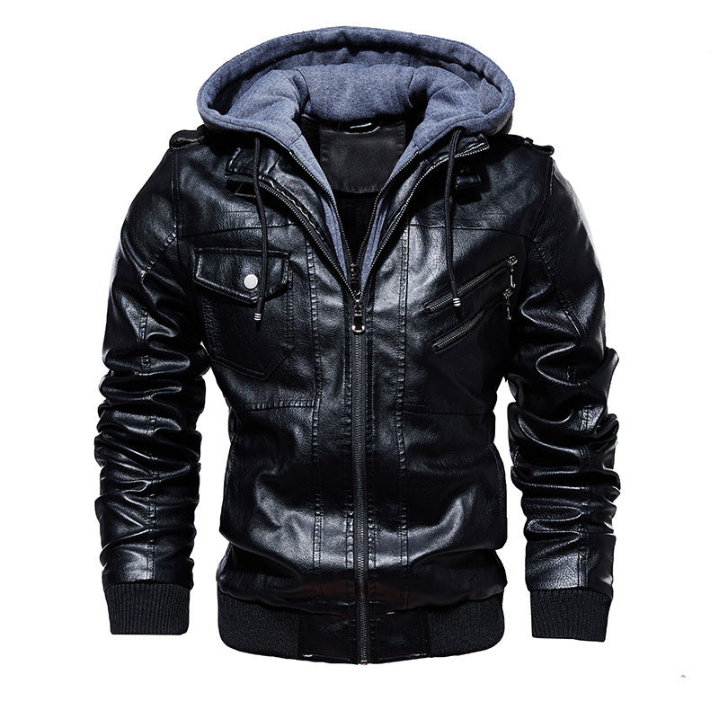 Herren Lederjacke mit Kapuze und Taschen