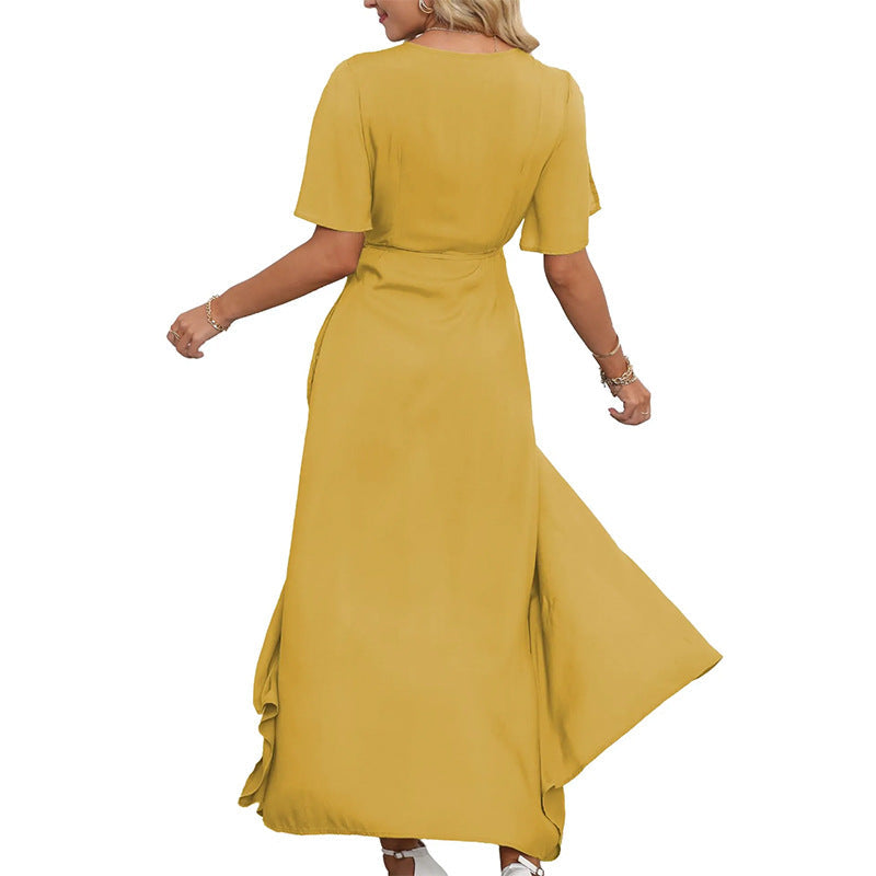 Damen Maxikleid mit elegantem V-Ausschnitt und seitlichem Schlitz Fudus