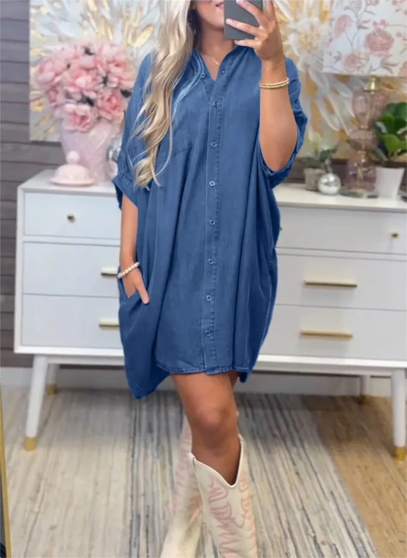 Damen Übergröße Denim-Shirtkleid mit praktischen Taschen und lässigem Schnitt Fudus