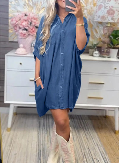 Damen Übergröße Denim-Shirtkleid mit praktischen Taschen und lässigem Schnitt Fudus