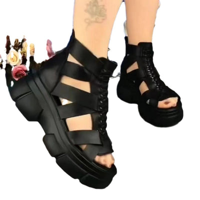 Damen modische Sandalen mit hohem Plateau und kunstvollem Schnürdesign Fudus