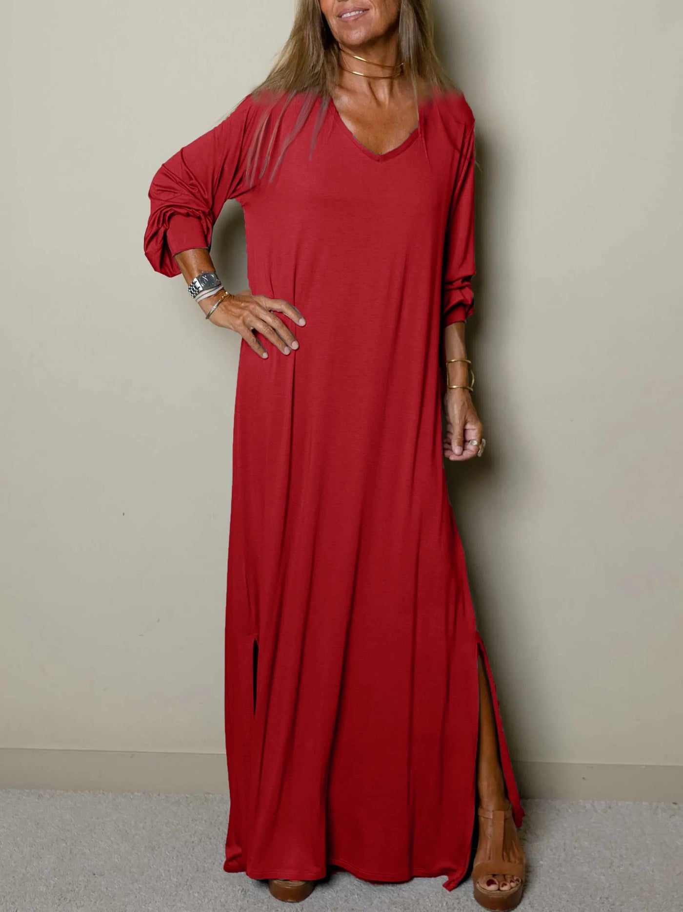 Damen Maxikleid mit V-Ausschnitt und weiten Ärmeln Fudus