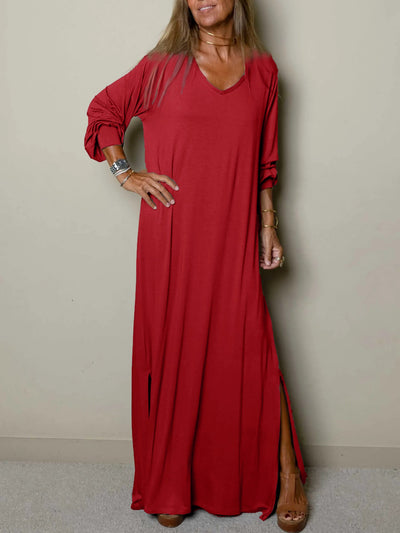 Damen Maxikleid mit V-Ausschnitt und weiten Ärmeln Fudus