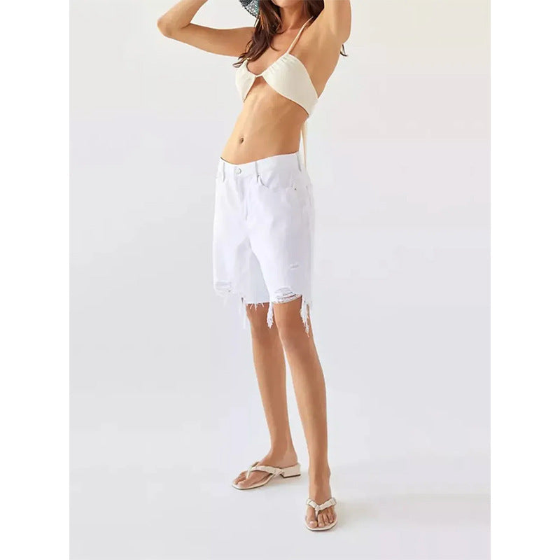 Damen Destroyed Jeans-Shorts mit fransigen Säumen und lockerer Passform Fudus