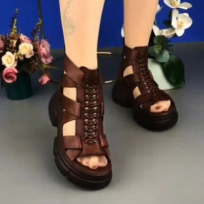 Damen modische Sandalen mit hohem Plateau und kunstvollem Schnürdesign Fudus