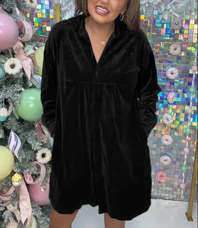 Damen Luxuriöses Velourshemdkleid mit Knopf und verspieltem Schnitt Fudus