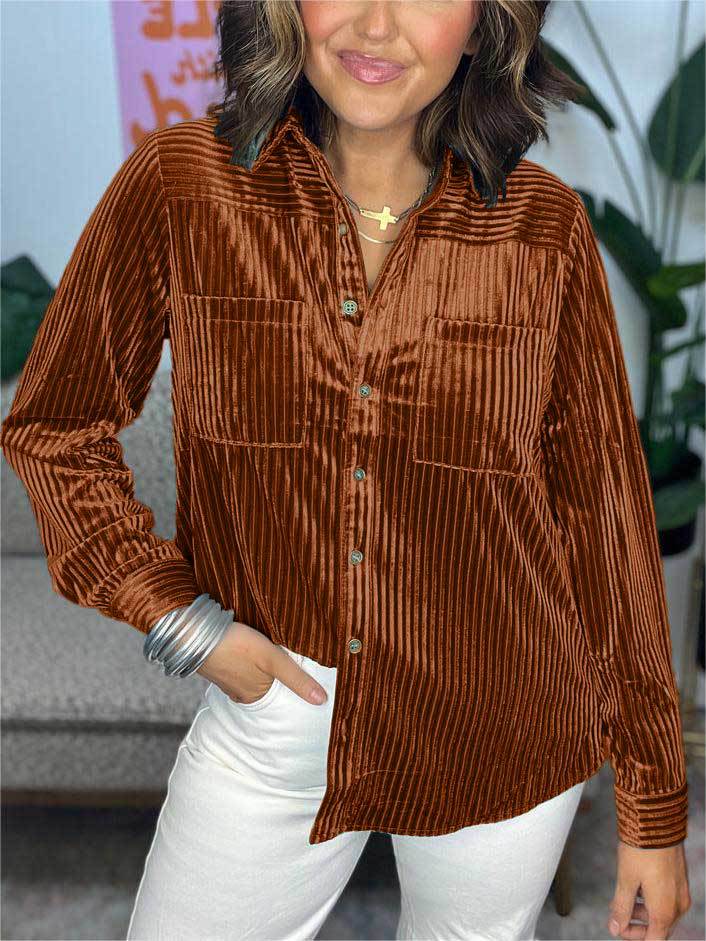 Damen Velours Hemd mit feinen Streifen und praktischen Taschen Fudus