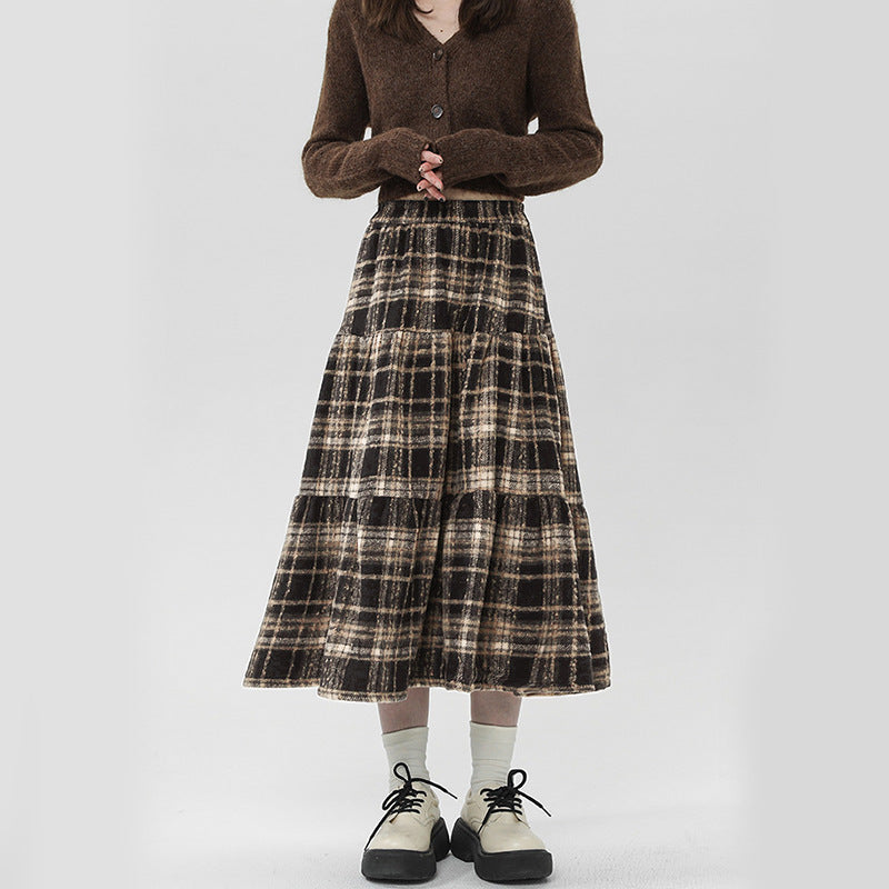 Damen gestufter Midi-Rock aus hochwertigem Baumwoll-Mix mit kariertem Muster Fudus