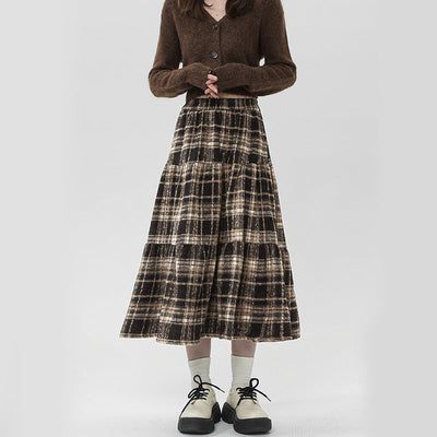 Damen gestufter Midi-Rock aus hochwertigem Baumwoll-Mix mit kariertem Muster Fudus