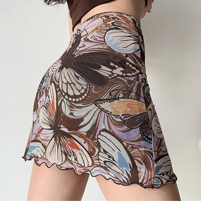 Damen Minirock mit floralem Schmetterlingsmuster und elastischem Bund Fudus