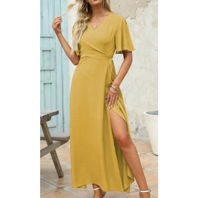 Damen Maxikleid mit elegantem V-Ausschnitt und seitlichem Schlitz Fudus