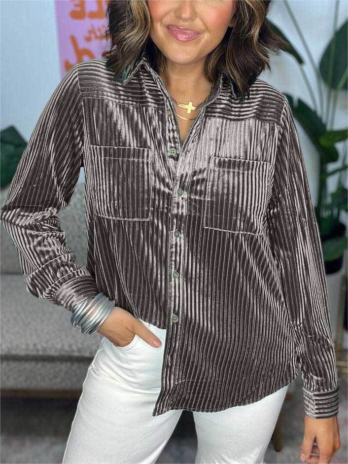 Damen Velours Hemd mit feinen Streifen und praktischen Taschen Fudus