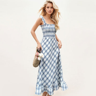 Damen Maxikleid mit Rüschendetails und kariertem Muster Fudus