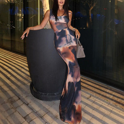 Damen Maxikleid mit modernem Batik-Muster und figurbetontem Schnitt Fudus