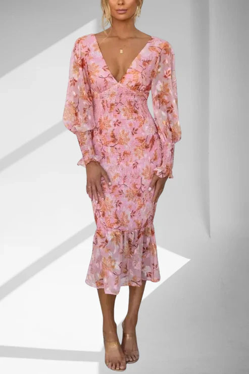 Schmales Midikleid | Volant-Saum | Florale Eleganz