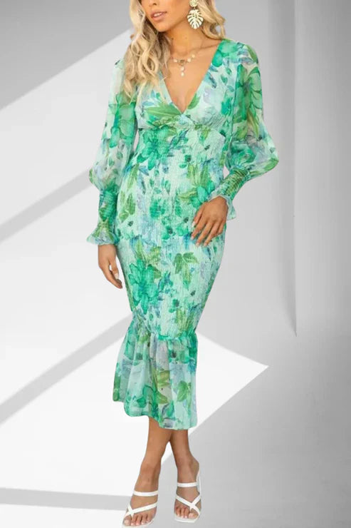 Schmales Midikleid | Volant-Saum | Florale Eleganz