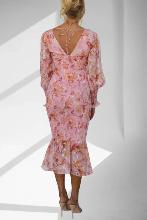 Schmales Midikleid | Volant-Saum | Florale Eleganz