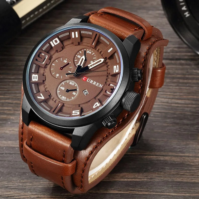 Elegante Herren Chronograph Armbanduhr Leder
