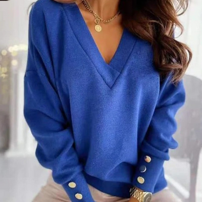 Strickpullover mit V-Ausschnitt | Goldknopf-Details | Eleganter Stil