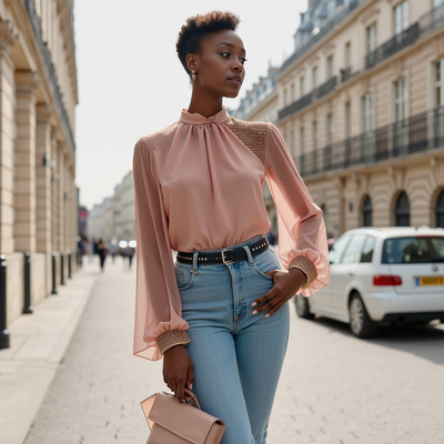 Edle Bluse | Transparente Ärmel & Stehkragen | Feminine Eleganz