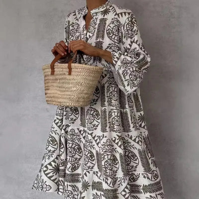 Adeline | Bedrucktes V-Ausschnitt A-Linien Rock Kleid